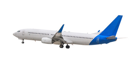 Modern passenger airliner during flight, isolated on white background, side view close up