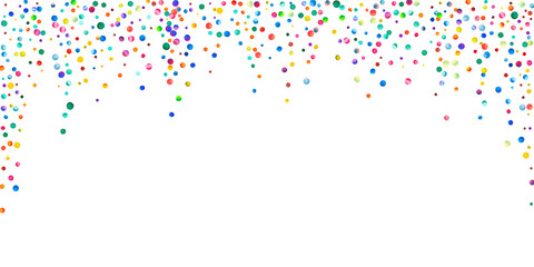 Watercolor confetti on white background. Adorable rainbow colored dots. Happy celebration wide colorful bright card. Surprising hand painted confetti.
