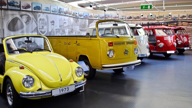 WOLFSBURG, GERMANY: Unique and vintage VW car, van, truck, transporter, and micro bus on display at the Volkswagen Auto Museum. 