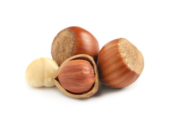 Tasty organic hazelnuts on white background. Healthy snack