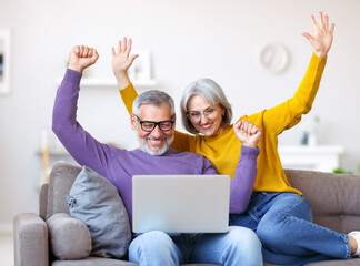 Overjoyed excited senior family couple celebrating success while sitting on sofa with laptop