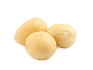Tasty organic hazelnuts on white background. Healthy snack