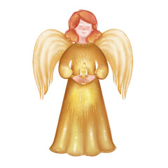 Christmas gold angel holding a candle in his hands. Cute angel white-yellow on a white background. Digital illustration.