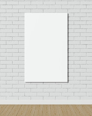 One mock up poster on white brick wall. Empty white interior. 3D illustrations. 3D design interior. Template for business. Shadow on the wall. Empty blank for design. Place for your text.