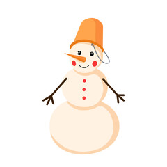 Snowman made of three snowballs with a bucket on his head. Hands made of sticks. Nice warm colors. Suitable for use in postcards, decoration. Christmas theme 