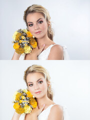 blonde caucasian bride on white dress with bouquet of flowers