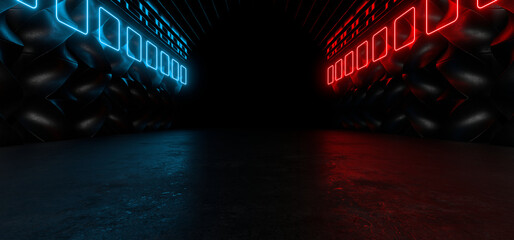 Obraz premium Sci Fy neon lamps in a dark corridor. Reflections on the floor and walls. 3d rendering image.