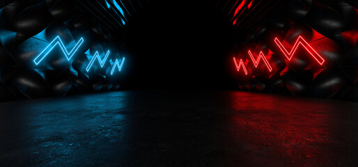 Sci Fy neon lamps in a dark corridor. Reflections on the floor and walls. 3d rendering image. © Andrey Shtepa