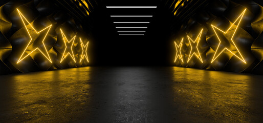 Sci Fy neon lamps in a dark corridor. Reflections on the floor and walls. 3d rendering image.