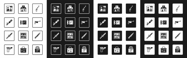 Set Revolver gun, Hunting shop weapon, Anti-tank hand grenade, Advertising, Mauser, Military knife and icon. Vector