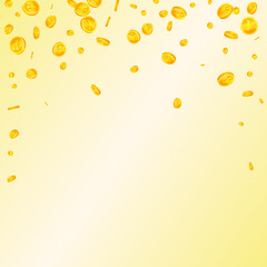 Chinese yuan coins falling. Decent scattered CNY coins. China money. Fascinating jackpot, wealth or success concept. Vector illustration.