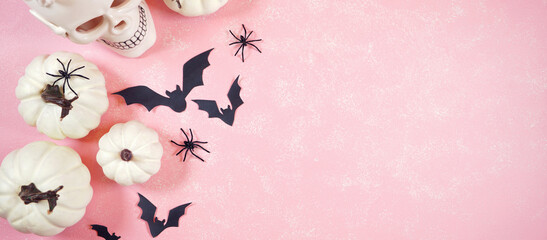 Halloween Trick or Treat Social Media Web Banner. Modern pink Halloween theme flatly background...