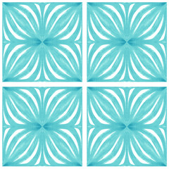 Azulejo watercolor seamless pattern. Traditional Portuguese ceramic tiles. Hand drawn abstract background. Watercolor artwork for textile, wallpaper, print, swimwear design. Blue azulejo pattern.