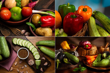 collage of 4 images of various vegetables on wooden board