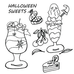 Hand drawn halloween isolated  set of cartoon doodle form candies and sweets, cakes and desserts. Popular sweets for halloween. Vector illustration for coloring pages.