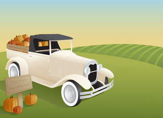 A vintage style pickup truck loaded with pumpkins out on the farm. - obrazy, fototapety, plakaty
