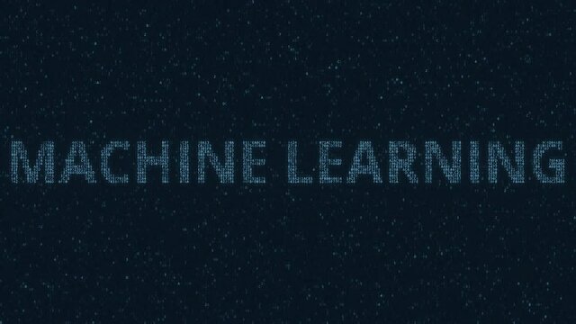 MACHINE LEARNING text consisting of many symbols on computer monitor. 3d animation