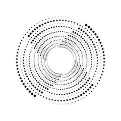 Halftone dotted speed lines in spiral form. Trendy design element for border frame, round logo, tattoo, sign, symbol, web pages, prints, template, pattern and abstract background