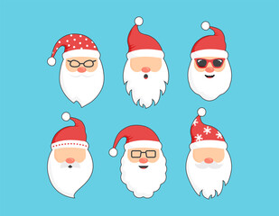 Christmas Santa Claus, cartoon cute head characters, red Santa hat, New Year fun collection, vector winter illustration on blue background