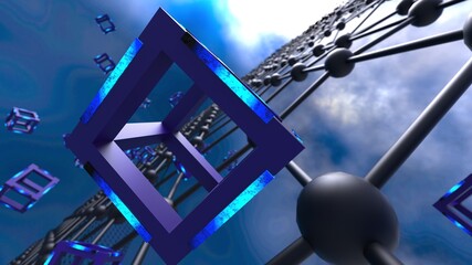 Blue illuminated Hot Iron Purple Cube with Atom Plane Structure under Blue Sky Background. Block-chain network technology concept illustration. 3D illustration. 3D CG. 3D high quality rendering. 
