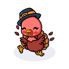 Cute baby turkey cartoon in pilgrim hat running