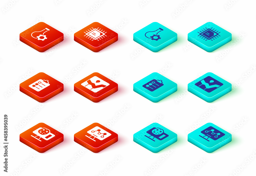 Poster set genetic engineering, to do list or planning, graph chart infographic, processor cpu and test tub