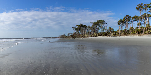 Beautiful, wide panorama of wide beach on the South Carolina coast, early morning bright blue sky,...