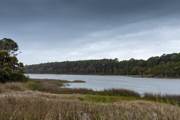 Large lagoon just inland of oceanfront on a stormy day, dark overcast skies, Hunting Island South Carolina, horizontal aspect