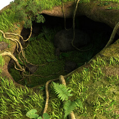 3d illustration of a fantasy cave entrance with a colorful sky