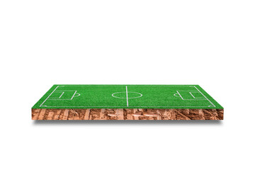 Soil cubic cross section with green grass football field isolated on white background. 3D rendering.