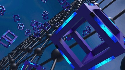 Blue illuminated Hot Iron Purple Cube with Atom Plane Structure under Blue Sky Background. Block-chain network technology concept illustration. 3D illustration. 3D CG. 3D high quality rendering. 