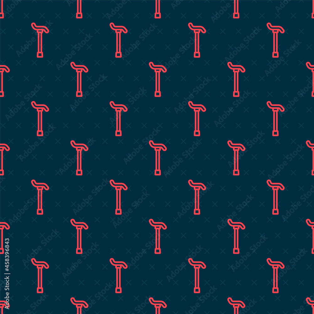 Poster red line walking stick cane icon isolated seamless pattern on black background. vector
