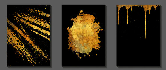 Gold vector splash on the black background. Set. Energy. Brush strokes. Hand drawn illustration with gold texture. Template for cover, poster, banner, flyer. Place for your text.