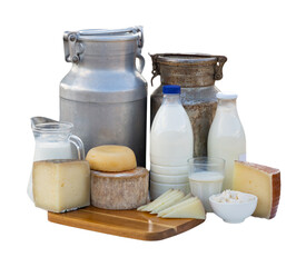 Aluminum can and glass decanter with milk, fresh curd and various cheeses. Production of dairy...