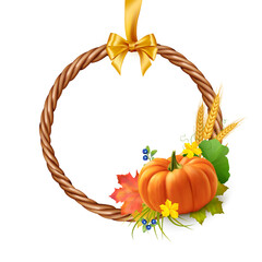 Happy Thanksgiving. Beautiful wicker wreath of vines with pumpkin, berries and autumn leaves, isolated on white background. Illustration for cards and invitations. High quality photo