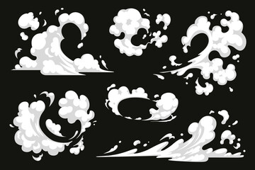 Comic explosion effect set. Vector dust smoke cloud, puff, mist, fog, watery vapour, cartoon energy blast and motion speed sparks. Clipart element for animation. Visual effects for game, print, promo