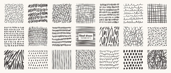 Set of hand drawn patterns isolated. Vector textures made with ink, pencil, brush. Geometric doodle shapes of spots, dots, circles, strokes, stripes, lines. Template for social media, posters, prints