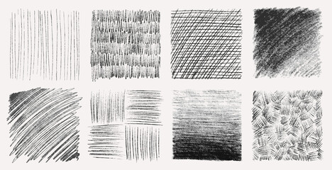 Sketch pencil texture set. Pen hatch effect, black scribble chalk, grunge freehand vector. Handmade pencil lines, strokes, doodles and scratches.
