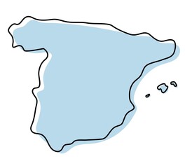 Stylized simple outline map of Spain icon. Blue sketch map of Spain vector illustration - obrazy, fototapety, plakaty