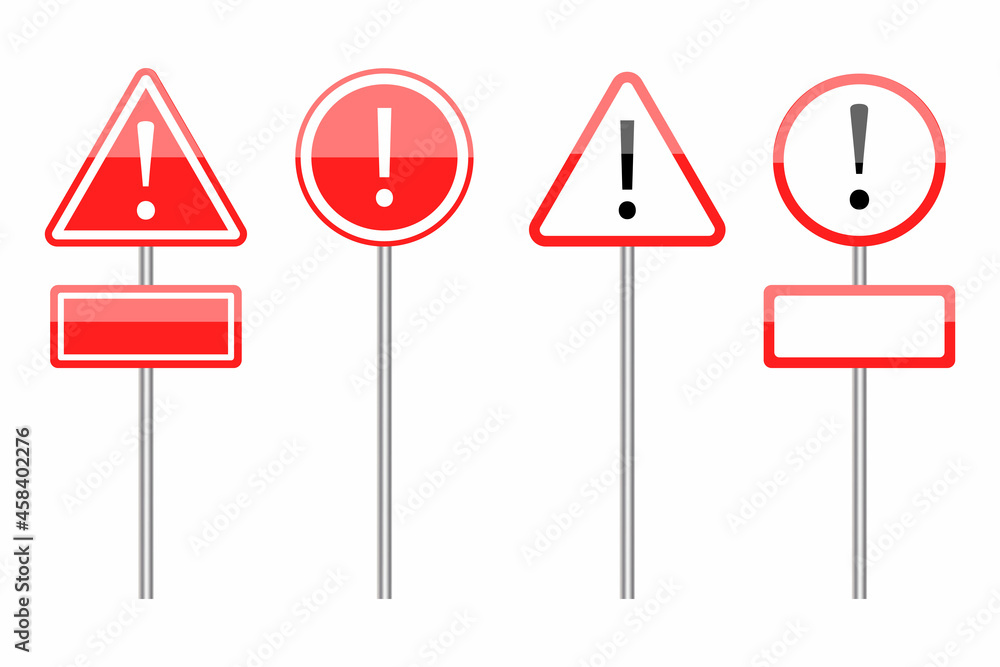 Poster triangle and circle road mark on a column. red warning signs. red danger icon set. vector illustrati