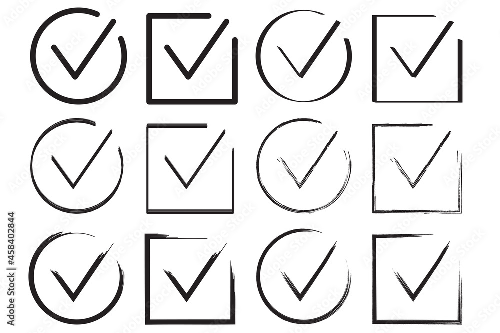 Poster black cross mark icon set. circle, square frames. checklist concept. question mark sign. vector illu