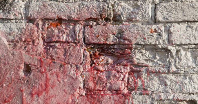 Thrown dark green bottle of red wine crashes against white brick wall OF abandoned building at sunlight slow motion extreme closeup