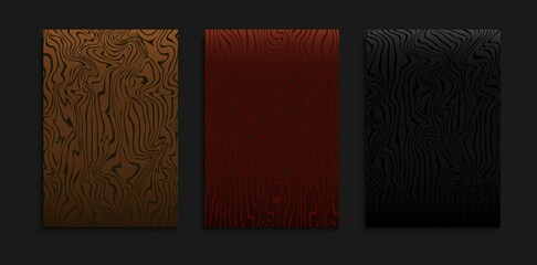 Set Of Minimal Gradient Dark Cover Template With Abstract Wood Line Pattern