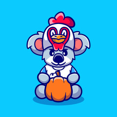 cute thanksgiving koala carrying a pumpkin and wearing a chicken hat