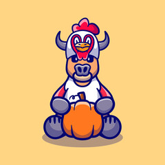 cute thanksgiving buffalo carrying a pumpkin and wearing a chicken hat
