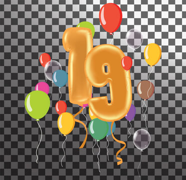 Happy Birthday nineteen year, fun celebration anniversary greeting card with number, balloon on background
