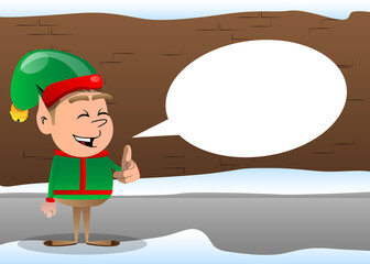 Christmas Elf pointing at the viewer with his hand. Vector cartoon character illustration of Santa Claus's little worker, helper.