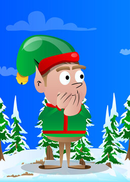 Christmas Elf with hands over mouth. Vector cartoon character illustration of Santa Claus's little worker, helper.
