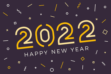 Vector Happy new year 2022 background with retro geometric colorful text and explosion of geometric shapes. For seasonal holiday web banners, flyers and festive posters