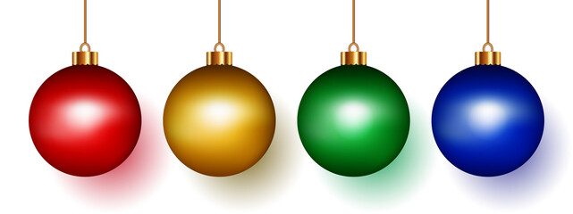 Set of round shape Christmas balls hanging isolated on white background.Collection of bauble realistic balls red, gold, green, and blue color ornament decor for Christmas, festive.Vector illustration.